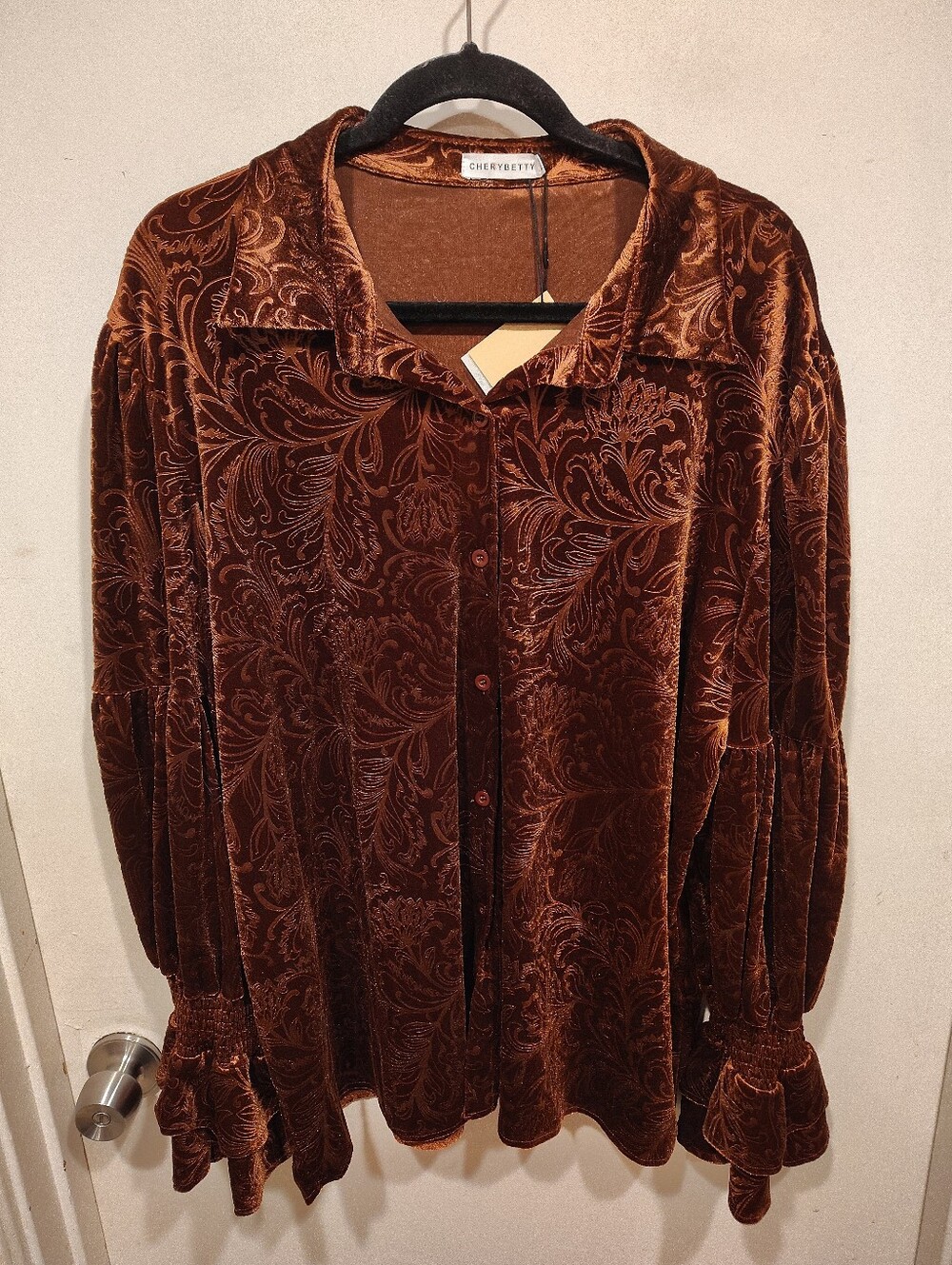 Cherybetty Brown Velvet Burnout Floral Blouse Shirt 3XL NWT Lantern Sleeve Boho - Picture 2 of 9